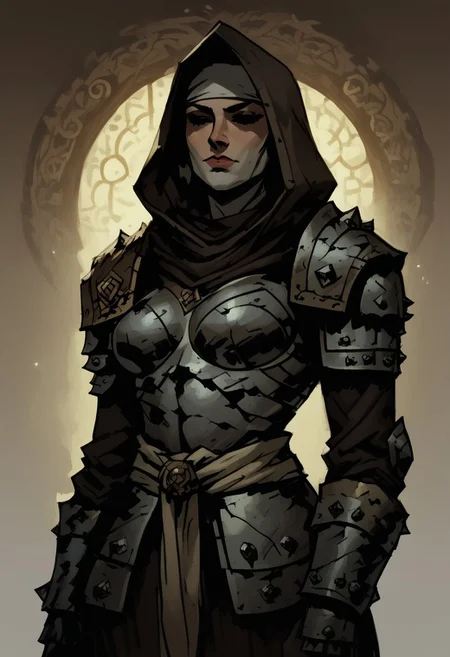 score_9, score_8_up, score_7_up, BREAK, 1girl, cowboy-shot, beautiful, dramatic lights ((Vestal. DDVestal. VestalDD, armor, hood, shoulder pads))
