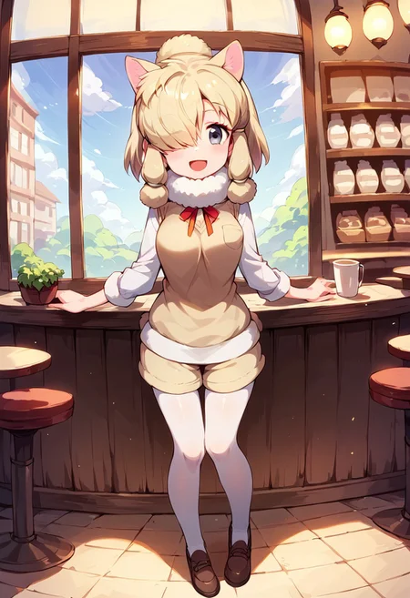1girl, ((solo)), best quality, ultra-detailed, extremely detailed, perfect anatomy, masterpiece, score_9, score_8_up, score_7_up, Expressiveh, alpaca suri (kemono friends), alpaca ears, hair over one eye, bangs, blonde hair, grey eyes, sidelocks, hair tubes, hair bun, tail, short hair, horizontal pupils, fur scarf, white pantyhose, long sleeves, fur collar, fur trim, neck ribbon, white shirt, sweater vest, shorts, pantyhose, breast pocket, fur-trimmed sleeves, shoes, standing, open mouth smile, smile, cute, full body, cafe background, in a cafe, indoors, window with light, countertop, tables, chairs, dutch angle, full-length portrait, happy, looking at viewer, standing,