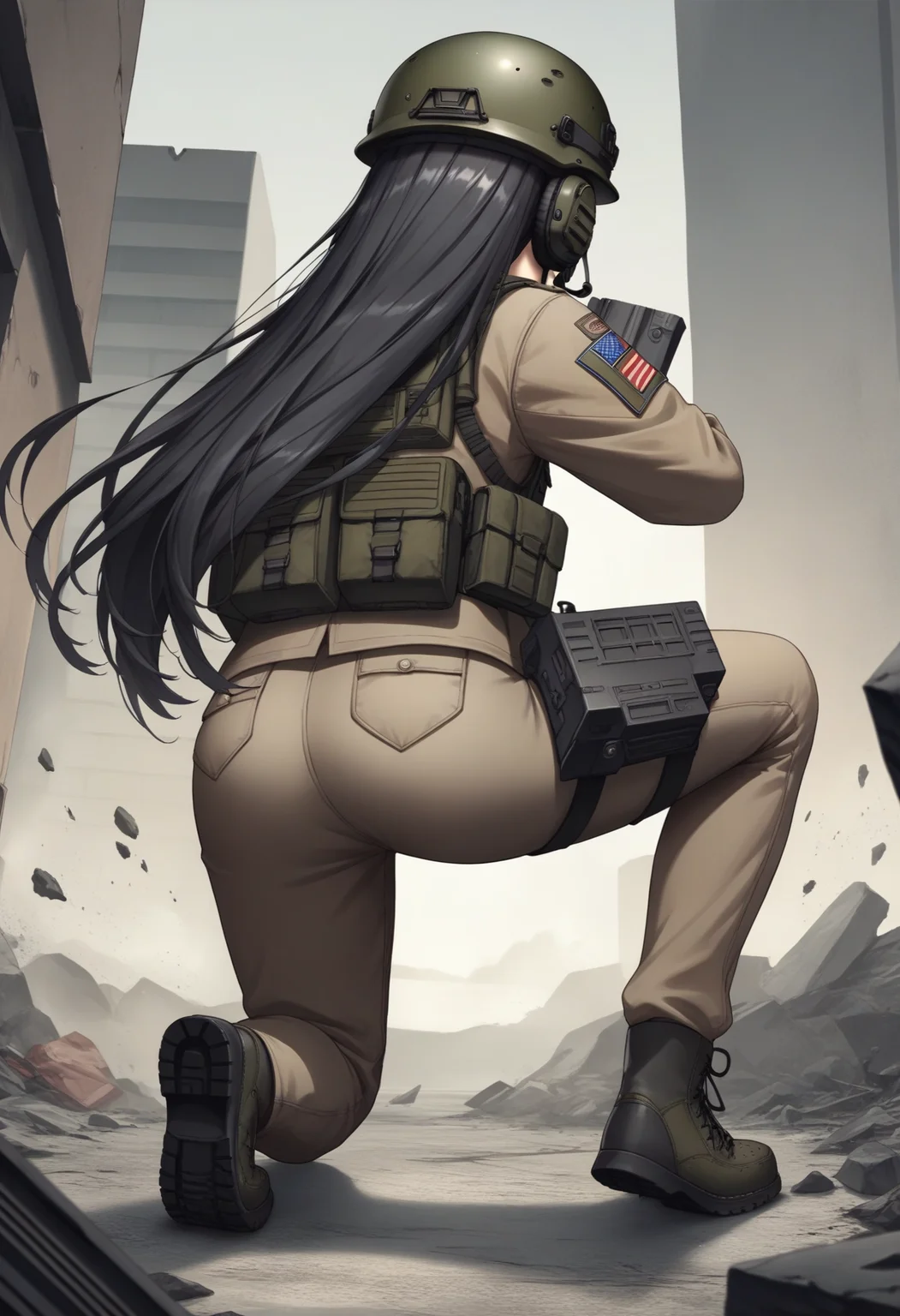 score_9, score_8_up, score_7_up, source_anime BREAK 1girl, solo, post-apocalypse, debris, ruined city,
<lora:nikke-style-poses-richy-v1_pdxl:1> nikkeaiming, full body, from behind, facing away, on one knee, gun, cover, wall, military, tactical, combat boots, combat helmet, headset, very long hair, black hair, night vision device