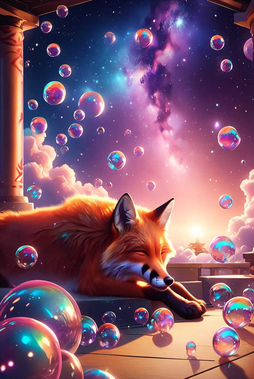 <lora:Dream_Bubble_Pony_r1:1>, dream bubble, fox, ancient shrine, pillars with soft rainbow light, sleeping on sea of dream bubbles, galaxies, stars, soft twilight, side view, score_9, score_8_up, score_7_up, score_6_up,