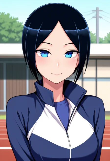 masterpiece, best quality, amazing quality, 1girl, solo, (portrait:1.2), eriww, blue eyes, black hair, short hair, parted bangs, medium breasts, track jacket, track suit, looking at viewer, smile, outdoors, day, skindentation, detailed clothing folds, depth of field, sharp, high contrast, dynamic light <lora:Eri_Todo_Iitai_Koto_wa_ill_v21:1>