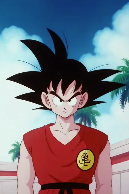 source_anime, score_9, score_8_up, score_7_up, anime screencap,8k, absurd res, 
son goku, aged up, solo, looking at viewer, shirt, black hair, 1boy, collarbone, upper body, male focus, outdoors, sky, sleeveless, day, cloud, black eyes, tree, blue sky, frown, cloudy sky, spiked hair, (red topwear), serious, palm tree, symbol, print topwear, v-shaped eyebrows, clothes writing, arms at sides, 1980s \(style\), dougi, arena, retro artstyle, bare arms
<lora:gokudb_pony_v2:0.8>