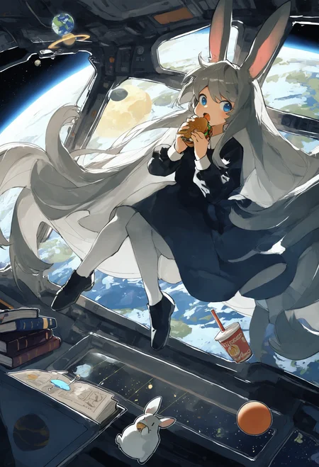 1girl,
earth \(planet\), planet, long hair, rabbit ears, animal ears, dress, space, very long hair, shoes, moon, rabbit, food, black dress, solo, black footwear, holding, drinking straw, long sleeves, disposable cup, burger, book, floating, eating, cup, planetary ring, mary jane, spacecraft interior, official alternate costume, white pantyhose, blue eyes, grey hair, pantyhose, holding food, open mouth, in orbit, looking at viewer,
.
masterpiece, best quality, very aesthetic, absurdres
<lora:potgfornoob:0.95>