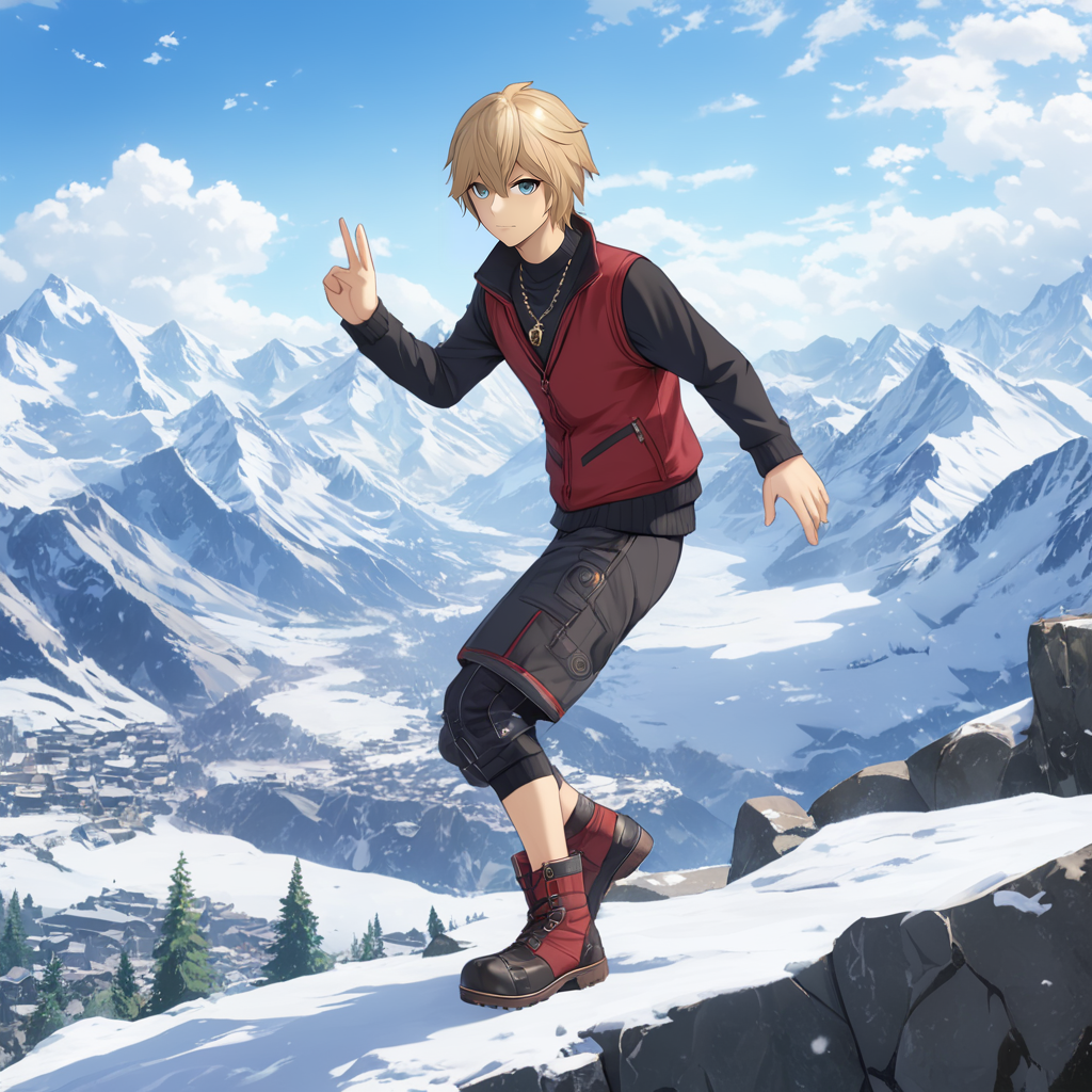 1boy, solo, ShulkXBXL, <lora:ShulkXBXL:.9>, [blue] eyes, necklace , pose, boots, red vest, long black sleeves, snowy mountain, (anime, masterpiece, intricate:1.3), (best quality, hires textures, high detail:1.2), (4k),(incredibly detailed:1.4),UHD, 8K, ultra detailed