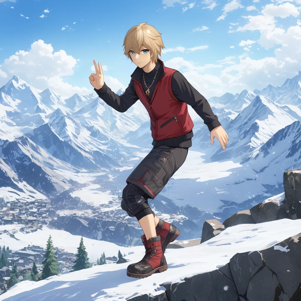 1boy, solo, ShulkXBXL, <lora:ShulkXBXL:.9>, [blue] eyes, necklace , pose, boots, red vest, long black sleeves, snowy mountain, (anime, masterpiece, intricate:1.3), (best quality, hires textures, high detail:1.2), (4k),(incredibly detailed:1.4),UHD, 8K, ultra detailed