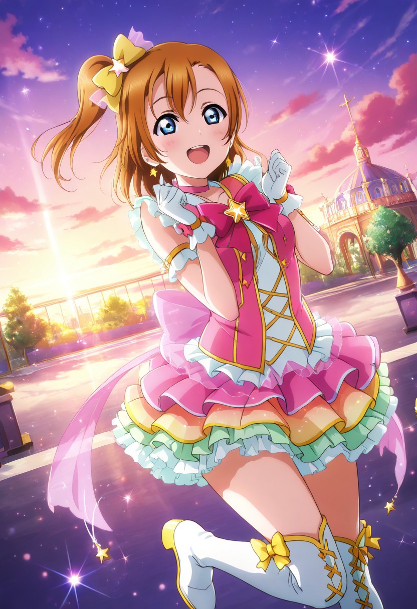 masterpiece, best quality, solo, 1girl, aged up, happy,
 honoka_kousaka, kousaka_honoka, blue eyes, brown hair, orange hair, one side up, short hair, hair bow, yellow bow, magical girl idol costume, layered pastel dress, star-shaped brooch, gloves, thigh-high boots, enchanted garden, sparkling flowers, twilight sky, magical sparkles, whimsical performance, bright and hopeful expression