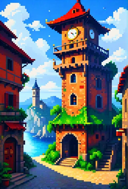 (1girl, solo, , pixel art, 64 bit, 32 bit, 16 bit, , novuschroma69 dual dichotomy, logo, logoredmaf:1.3), a heady clocktower, by Pablo Picaso, oil on canvas, masterpiece, best quality, high res, illustration, extremely detailed, 8k, wallpaper,zPDXL3,SimplePositiveXLv2