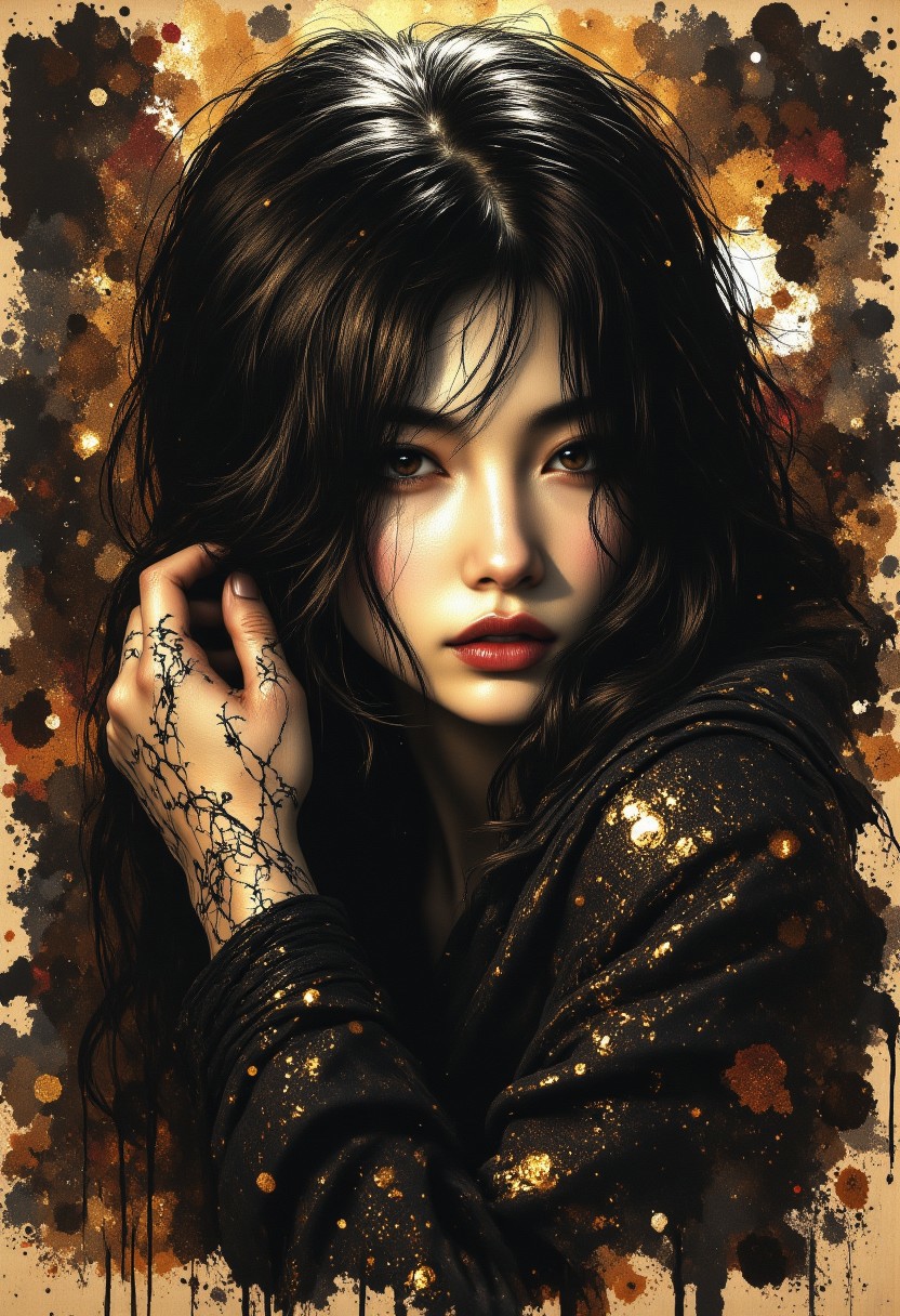 R3alisticF, midjourney_whisper_avant_couture, Inkplash art on rice paper, sepia, henna , inksketch, Silhouette Art, magnificent, dark background, inksplash portrait of stunning japanese woman, long dark hair with platinum streaks, sidelocks, bangs, seductive, sultry, lustful, red lips, direct gaze, light hitting one side of face, inksplash abstract background