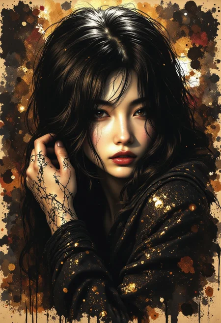 R3alisticF, midjourney_whisper_avant_couture, Inkplash art on rice paper, sepia, henna , inksketch, Silhouette Art, magnificent, dark background, inksplash portrait of stunning japanese woman, long dark hair with platinum streaks, sidelocks, bangs, seductive, sultry, lustful, red lips, direct gaze, light hitting one side of face, inksplash abstract background