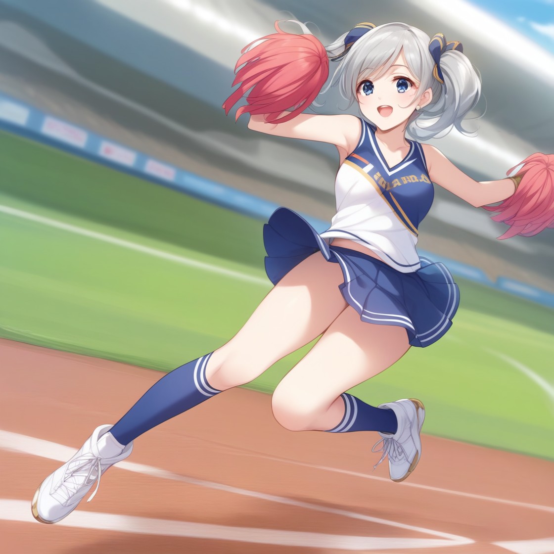 akari, <lora:akari_pony_XL:1>, silver hair, source_anime, score_9, score_6_up, score_5_up, score_4_up,  BREAK rating_safe, best quality, masterpiece, ultra-detailed, detailed, beautiful detailed eyes, beautiful detailed face, anime coloring, official style, 8K, highres,  1girl, cheerleader, jumping, open mouth, football stadium, full body