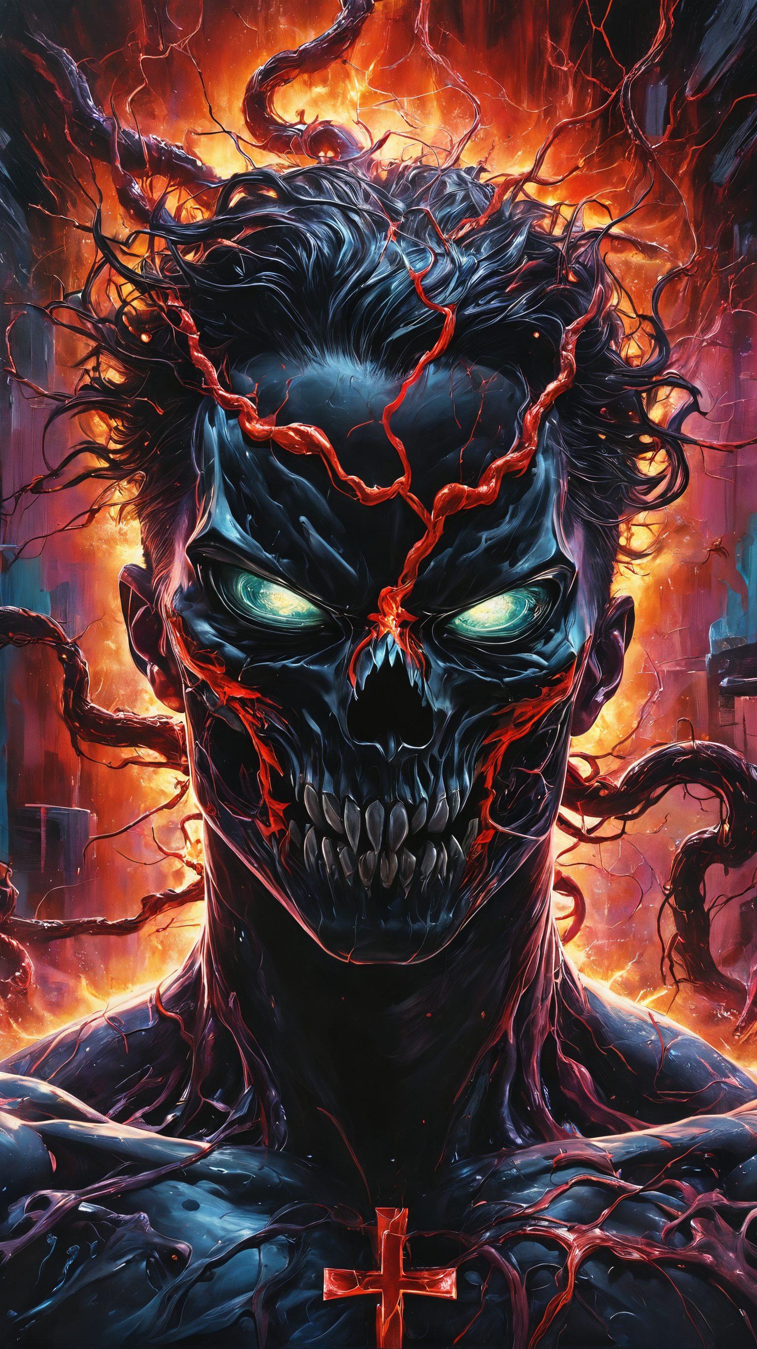 fighting game style masterpiece, best quality, ultra realistic, 32k, RAW photo, detail skin, 8k uhd, dslr, high quality, film grain, \nShort and messy hair, dynamic, vibrant, action-packed, detailed character design, reminiscent of fighting video games, black bloody veins growing and intertwining out of the darkness, oozing thick neon rainbow blood, veins growing and pumping blood, vascular networks growing, connecting, expanding, red veins everywhere, zdzislaw beksinski, (vibrant colors:1.1), (Infrared:1.2), Rust, Hypercube, ultra detailed, intricate, oil on canvas, ((dry brush, ultra sharp)), (surrealism:1.1), (disturbing:1.1), beksinski style painting, sparks, lens flare, rim lighting, backlighting, RTX, Post Processing, satanic cross, man body, muscular, venom costume, (japanese portal), death shadow nightmare ethereal beast, floating into the abyssal heights, nebula, cinematic, dreaming, Film light, bathing in light, very sharp focus, Hyper detailed, Hyper realistic, masterpiece, spiritual, surreal, atmospheric, maroon cream bronze, High resolution, Vibrant, High contrast, dark angle, 8k, HDR, 500px, dystopian