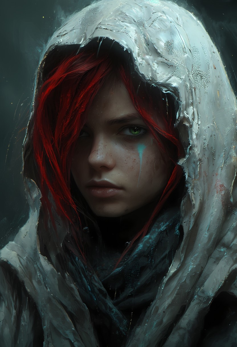 hyper-detailed, 4k, Soft-focus portrait, a close-up of a character with red hair and green eyes wearing a hooded white cloak looking to the side with a serious expression. The background is blurred suggesting a rainy or misty environment, backlight, vantablack <lora:- Flux1 - vanta_black_V2.0:1.0> <lora:MJvSX_Flux_LoRa_v1-000096:1.0>