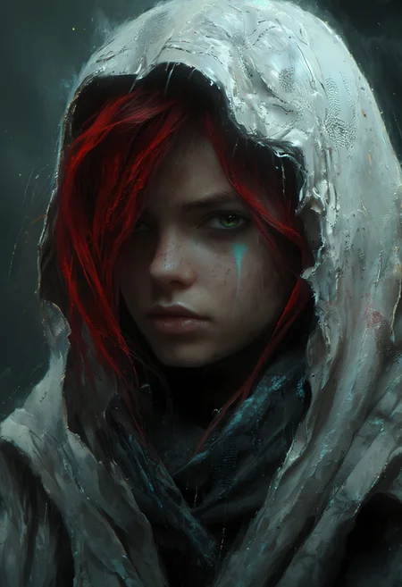 hyper-detailed, 4k, Soft-focus portrait, a close-up of a character with red hair and green eyes wearing a hooded white cloak looking to the side with a serious expression. The background is blurred suggesting a rainy or misty environment, backlight, vantablack <lora:- Flux1 - vanta_black_V2.0:1.0> <lora:MJvSX_Flux_LoRa_v1-000096:1.0>