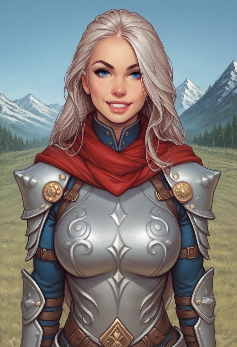 1girl, ((front view))), looking at viewer, highly detailed, from front, 1girl, highly detailed, skinny, looking at viewer, 1girl, masterpiece, best quality,
raw, masterpiece, extremely detailed, hyperrealism, photo, perfect anatomy, magnificent young warrior, full body, dramatic lighting, shadow play, romantic, heroism, epic, determination, proud, eternal beauty, detailed face, very long hair, very dark brown hair, beautiful blue eyes, battlefield background, massive plate armor, masculine body, muscular, heavy arms armor, red cape, fur collar, sword, BREAK
slight smile, looking at viewer, fur coat, dynamic pose,
BREAK 
long hair, silver hair, hair over one eye, blue eye, big hair, dynamic pose
BREAK 
best quality, depth of field, bokeh, (((full clothed))),  ((ready to fight, holdind big sword in hands, big two-handed sword in hands)), highlander
BREAK 
(((((snow, stones,  mountains))))) score_9, score_8_up, score_7_up, score_6_up, source_cartoon, rating_explicit, Expressiveh, (((((upper body))))), dynamic pose