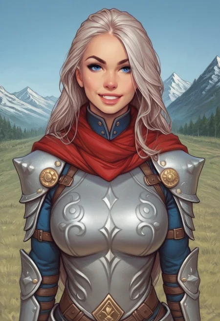 1girl, ((front view))), looking at viewer, highly detailed, from front, 1girl, highly detailed, skinny, looking at viewer, 1girl, masterpiece, best quality,
raw, masterpiece, extremely detailed, hyperrealism, photo, perfect anatomy, magnificent young warrior, full body, dramatic lighting, shadow play, romantic, heroism, epic, determination, proud, eternal beauty, detailed face, very long hair, very dark brown hair, beautiful blue eyes, battlefield background, massive plate armor, masculine body, muscular, heavy arms armor, red cape, fur collar, sword, BREAK
slight smile, looking at viewer, fur coat, dynamic pose,
BREAK 
long hair, silver hair, hair over one eye, blue eye, big hair, dynamic pose
BREAK 
best quality, depth of field, bokeh, (((full clothed))),  ((ready to fight, holdind big sword in hands, big two-handed sword in hands)), highlander
BREAK 
(((((snow, stones,  mountains))))) score_9, score_8_up, score_7_up, score_6_up, source_cartoon, rating_explicit, Expressiveh, (((((upper body))))), dynamic pose