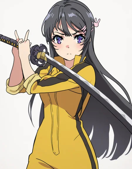 masterpiece, best quality, newest, absurdres, highres, safe,, <lora:mai-sakurajima-s1-ponyxl-lora-nochekaiser:1> mai sakurajima, long hair, bangs, black hair, hair ornament, purple eyes, hairclip, rabbit hair ornament, medium breasts, anime screencap, <lora:sword-guard-stance-illustriousxl-lora-nochekaiser:1>, sword guard stance, sword, weapon, solo, katana, holding, holding weapon, holding sword, looking at viewer, jumpsuit, yellow jumpsuit, high collar, cowboy shot, pants,, ,