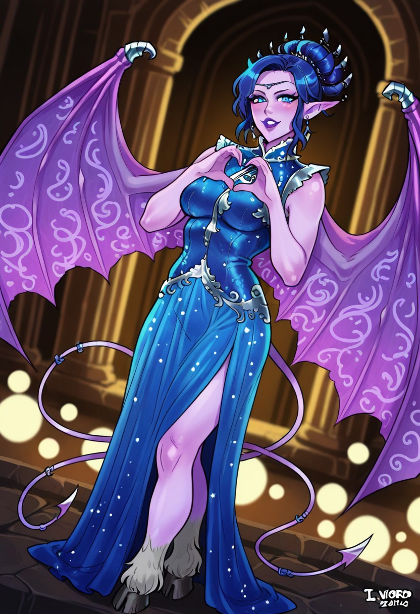 NocticulaTRQ, 1girl, solo, colored skin, purple skin, short hair, blue hair, horns, hair bun, bangs, blue eyes, nose, purple lips, pointy ears, earrings, long blue dress, dress ornament, cutout dress, large breast, sleeveless dress, demon wings, demon tails, hooves,
,seductive pose, sexy pose, tease, 
masterpiece, best quality, fine details, intricate details, depth of field, subsurface scattering, bokeh,
 ultra-detailed, very aesthetic, detailed background, newest, scenery, highres, absurdres, colorful, vibrant, glowing, perfect face, 2d, perfect eyes,  vibrant saturated colors, volumetric lighting, sharp, detailed eyes, perfect anatomy,  perfect face, perfect eyes, mature body, clear eyes, beautiful eyes, athletic, curvy body, athletic girl, perky tits, perfect tits, round breasts, pinup pose, teasing, lustful expression, perfect hands, 
muscular female, dutch angle, 
 cover page, foreshortening, expressive cute face, heart hands, 
,Smooth Negative, uncensored,
90s_anime_aesthetic, 1990s (style), retro, retro artstyle,dark_fantasy_style, dark fantasy, retro,