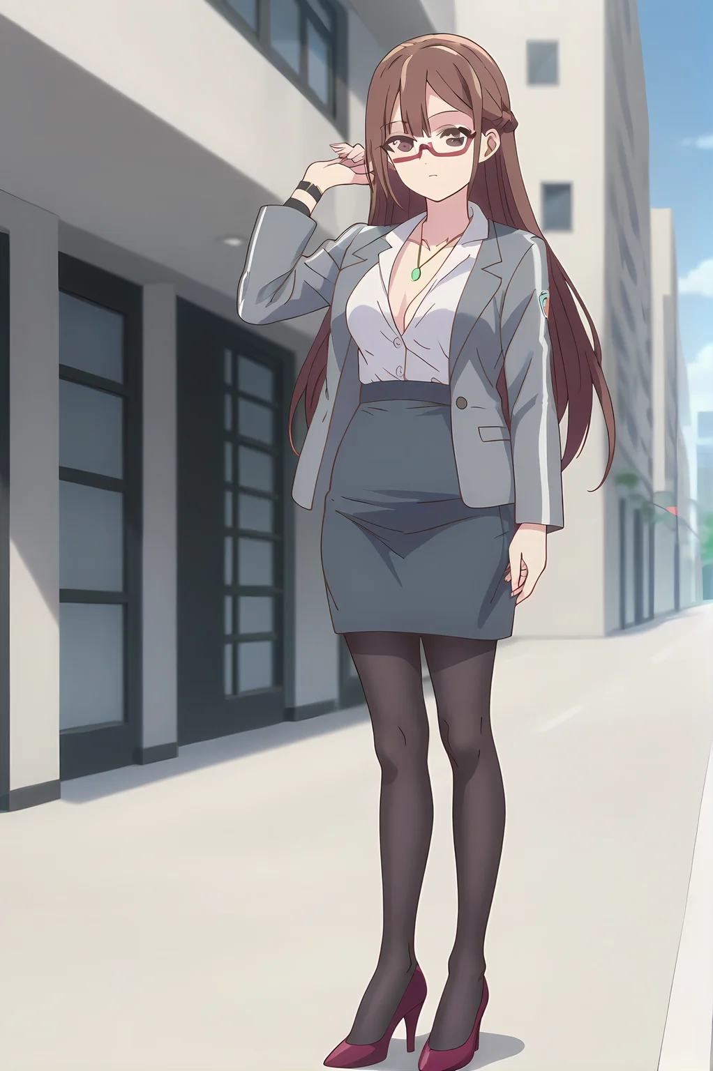 (grey jacket white shirt pencil skirt black pantyhose high heels:1.30), gg-miranda, necklace, brown hair, brown eyes, red glasses, medium breasts, 1girl, solo, skinny, score_9, score_8_up, score_8, score_7_up, score_7, score_6_up, score_6, score_5_up, score_5, source_anime, blush, outdoors, (straight-on:1.20), (:1.20), , <lora:gg-miranda-V01-000003:1.00>
