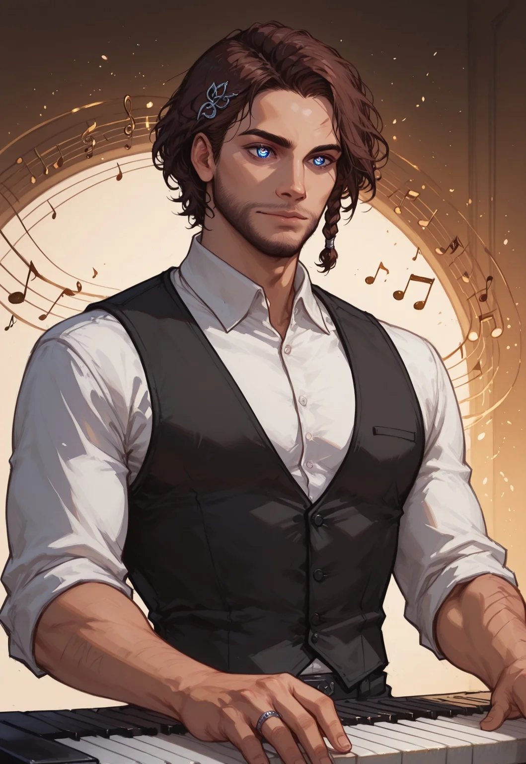 
masterpiece, high_quality, highres, flat_colors, gradient, score_9, score_8_up, score_7_upmasterpiece, best quality, semi realistic, anime style, 1boy, MEMShepard, young man, manly, toned male, formal white shirt , black vest , suspenders with music note trim, medium brown hair, messy hairstyle with asymmetrical right side braid ,treble clef hair ornament, blue eyes, facial hair, beard stubble, enchanted scar over left eye, divine aura, (music note pupils:1.5), wearing a silver ring shaped like a piano key, playing piano under moonlight, magical realism, fantasy lighting, dramatic composition, high detail, intricate background
,cinematic lighting, detailed shadows and highlights, colorful and high-quality composition, anime-style, ultra-detailed, vibrant colors, high-quality shading, semi-realistic lighting,solo, european style,(sketch:1.3),