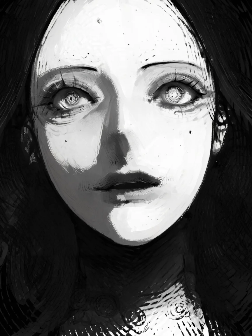 score_9, score_8_up, score_7_up, score_6_up, score_5_up, <lora:NxhqtXLP:1> nxhqt, greyscale, monochrome, 1girl, portrait,