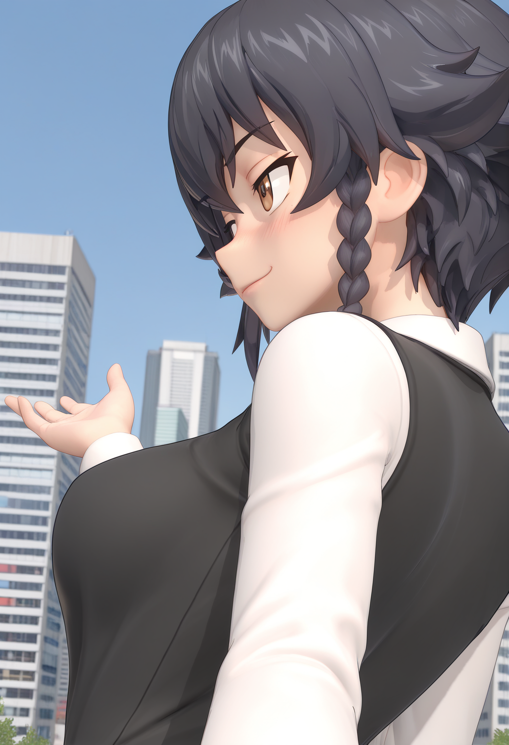 STYLE(comfy++,none) masterpiece, best quality, absurdres, 3d, 1girl, pepperoni \(girls und panzer\), brown eyes, black hair, short hair, side braid, long sleeves,  staring, naughty face, looking to the side, facing to the side, open hands, outstretched arm, outstretched arm, arched back, watson cross, portrait,  day, skyscraper<lora:Tech/spo_sdxl_10ep_4k-data_lora_webui.safetensors:1.0:1.0> <lora:Style/3dblendV2.safetensors:1.0:1.0>