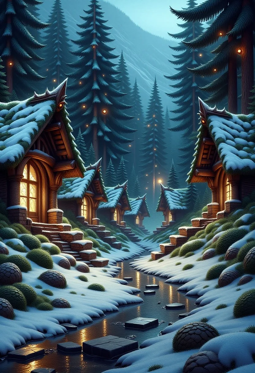 An enchanting winter realm built entirely from glistening fir needles and pinecones a magical forest where the trees breathe, the ground sparkles with frost, and glowing creatures made of bark and light roam freely. The air is filled with shimmering snowflakes, and ancient wooden ruins blend harmoniously into the fir canopy above. Hyper-detailed, fantasy realism, cinematic lighting, peaceful atmosphere, magical nature paradise.