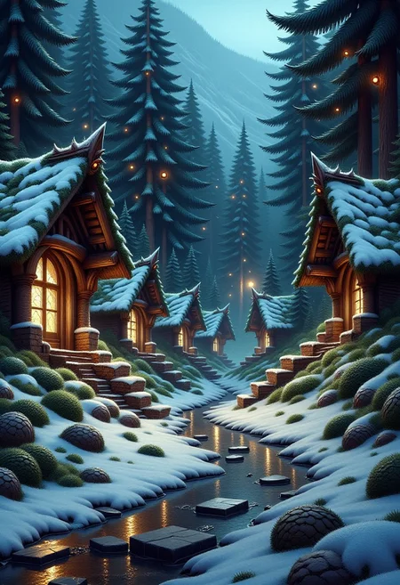 An enchanting winter realm built entirely from glistening fir needles and pinecones a magical forest where the trees breathe, the ground sparkles with frost, and glowing creatures made of bark and light roam freely. The air is filled with shimmering snowflakes, and ancient wooden ruins blend harmoniously into the fir canopy above. Hyper-detailed, fantasy realism, cinematic lighting, peaceful atmosphere, magical nature paradise.