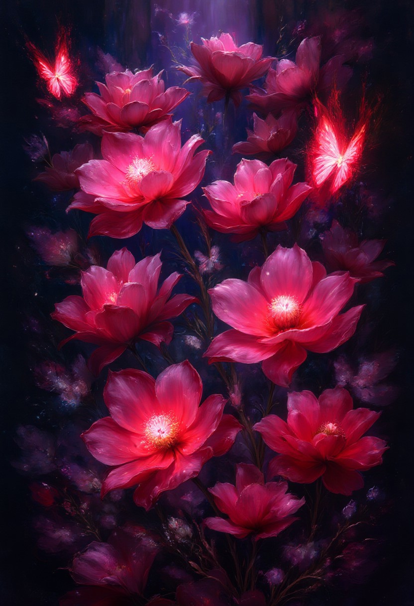vibrant red  Bleeding Hearts flowers and glowing red butterflies against a pitch-black background Painterly,  surreal, vibrant glow, bokeh, 8k,