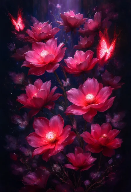 vibrant red Bleeding Hearts flowers and glowing red butterflies against a pitch-black background Painterly, surreal, vibrant glow, bokeh, 8k,