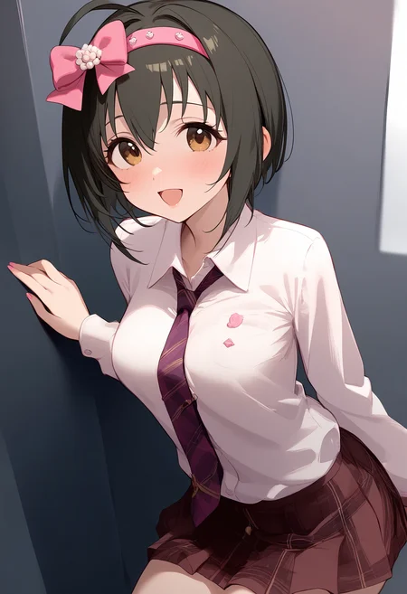 1girl,blush,kohinata miho,pink hairband,necktie,skirt,solo,open mouth,looking at viewer,bow,smile,hair bow,<lora:a31_char_new_kohinata_miho-000024:1>masterpiece, best quality, absurdres<lora:a31_style_koni-000010:0.8>