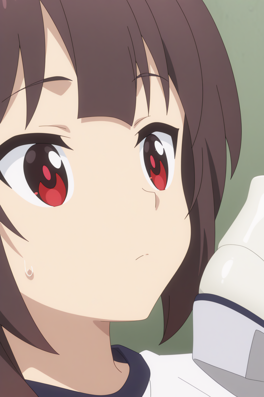 face close-up,  Megumin, gym uniform, white footwear, white shirt   <lora:Konosuba_Bakuen_-_Megumin_-_illustrious:0.8>