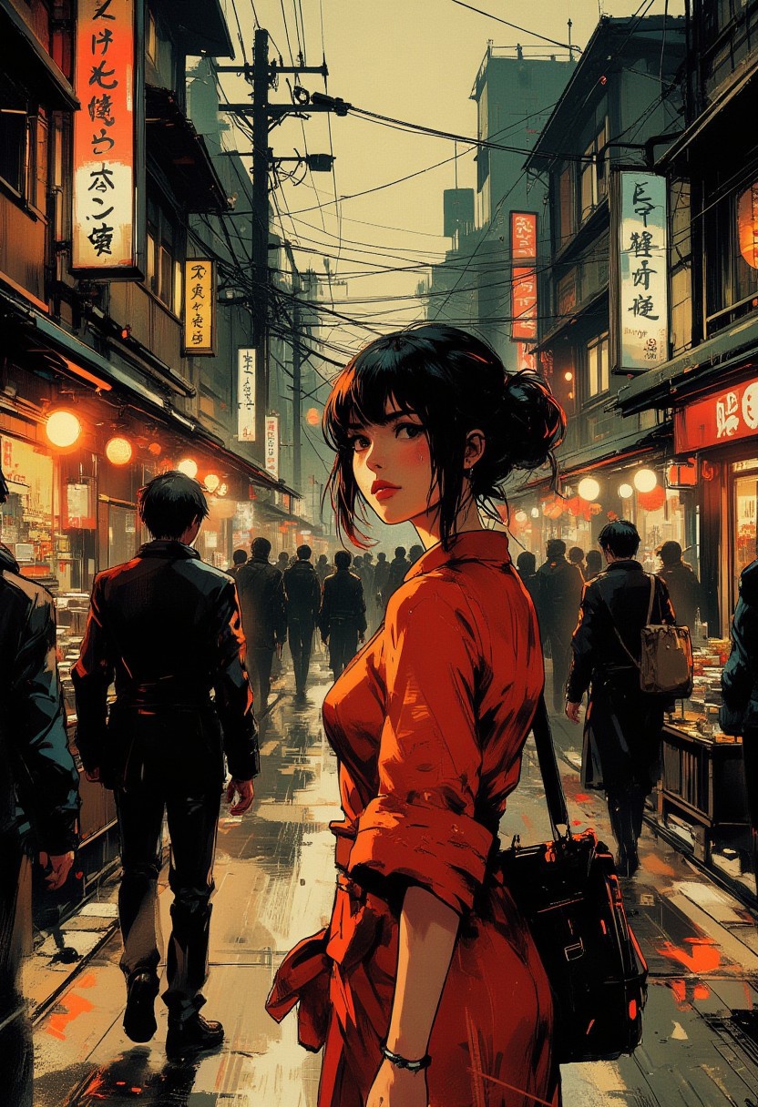 in the style of ck-mgs, nistyle, Special Ink-drawing mode, intricate linework with expressive contrasts, Mh1$AgThS2, Inkplash art on rice paper, sepia, henna , Silhouette Art, magnificent, inksplash image of stunning japanese woman in a red dress, standing on a busy Japanese shopping street, turning to the look at the viewer, abstract background of a crowd of shoppers dressed in dark colours, timelapse photographs, motion blur on the crowd