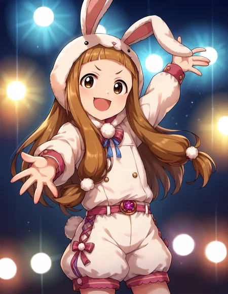 score_9,score_8_up,score_7_up,1girl,solo,cowboy shot,looking at viewer,smile,open mouth,v-shaped eyebrows,outstretched arms,stage lights,
<lora:ichiharanina_ponyXLV6:0.8>,cgin,
brown hair,long hair,low twintails,blunt bangs,brown eyes,flat chest,
rabbit costume