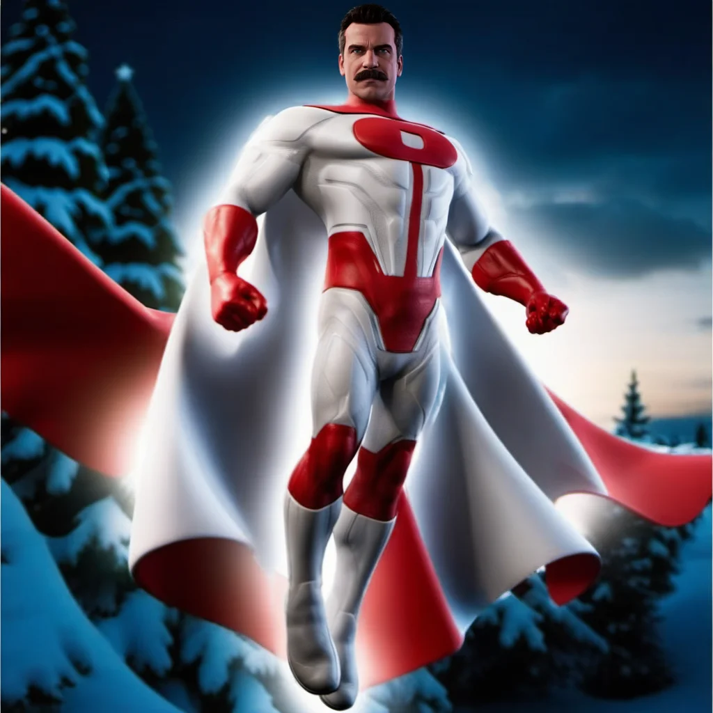 Omniman1024, a man with a moustache dressed as a white superhero with a red cape, floating in the air in front of christmas trees, gift, "Think Santa", christmas lights, christmas senery, detailed eyes, highly detailed, photography, ultra sharp, film, bokeh, professional, 4k <lora:Omniman1024:0.8> <lora:add-detail-xl:2>