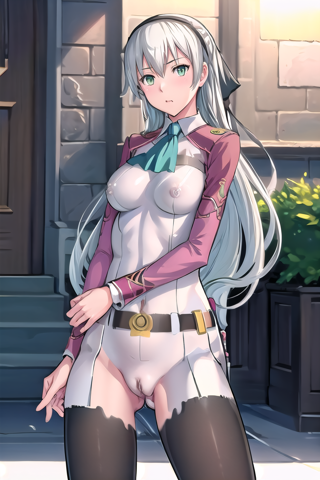 masterpiece, best quality, ultra-high-detailed, 1girl, painted clothes, bodypaint, pussy,  elie macdowell, green eyes, hairband, blue ascot, hair ribbon, long sleeves, belt, pantyhose, nipples