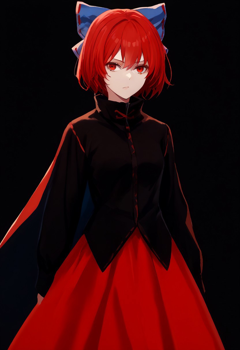 score_9, score_8_up, score_7_up, score_6_up, score_5_up, score_4_up, source_anime, solo, 1girl, 
sekibanki, red hair, red eyes, blue bow, black shirt, long sleeves, red skirt, two-tone cape, 
masterpiece, best quality, very aesthetic, absurdres,