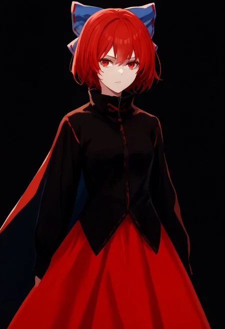 score_9, score_8_up, score_7_up, score_6_up, score_5_up, score_4_up, source_anime, solo, 1girl,
sekibanki, red hair, red eyes, blue bow, black shirt, long sleeves, red skirt, two-tone cape,
masterpiece, best quality, very aesthetic, absurdres,