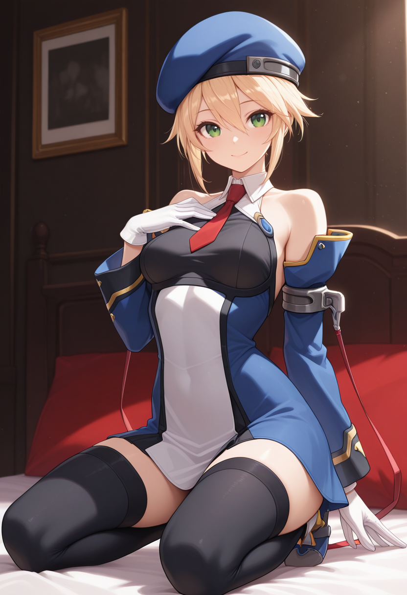 masterpiece, best quality, newest, absurdres, highres , <lora:NoelleVermllionBBIllustrious:1> NLLEVRM, beret, blonde hair, short hair, green eyes, red necktie, black top, multi-colored clothes, dress, detached sleeves, white gloves, black thighhighs,  kneeling, hand on own chest, smile, looking at viewer, indoors, 1 girl, solo,  close up,