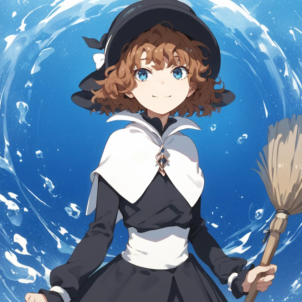 anime coloring, score_9, score_8_up, score_7_up, score_6_up, mallybath blackbell, toaru, 1girl, solo, hat, short hair, blue eyes, broom, brown hair, dress, smile, black headwear, jewelry, black dress, bow, capelet