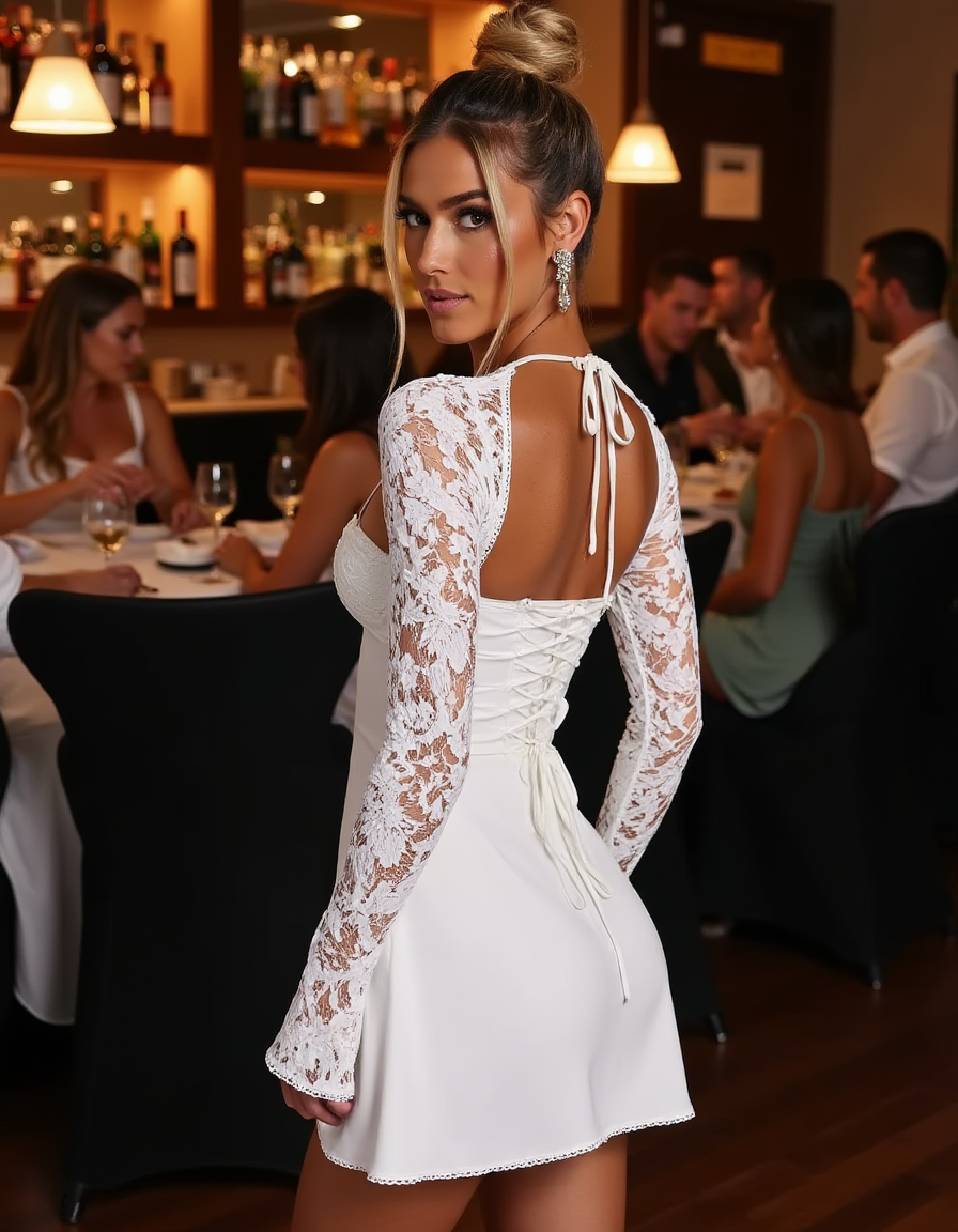 outfit0013, woman wearing a white bodycon minidress with long sleeves, looking over her shoulder at viewer. In the background a crowded bar