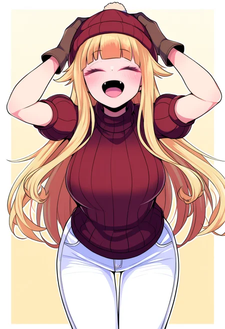 masterpiece, best quality, 1girl,
closed eyes, cowboy shot, hat, gloves, standing, very long hair, blonde hair, short sleeves, fangs, brown gloves, arms up, beanie, smile, sidelocks, white pants, open mouth, blush, red headwear, long hair, red eyes, turtleneck, puffy short sleeves, puffy sleeves, :d, happy, ^_^, blunt bangs, pants, hands on headwear, v, looking at viewer, hand on another's head, leaning forward, hair flaps, :>
<lora:bukatsu (clubactivity):1>
