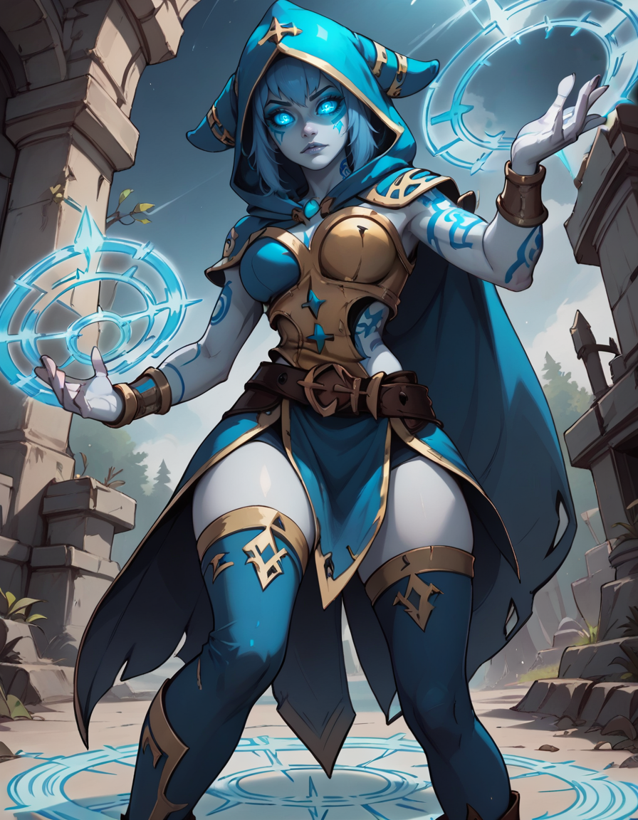 score_9, score_8_up, score_7_up,score_6_up, score_5_up, score_4_up ,1girl, solo,
large breasts,
eliotropedg,
blue eyes, tattoo, blue hair, facial mark, colored sclera, 
thighhighs, armor, belt, toeless legwear, hood,pale skin, 
from below, magic, magic circle, glowing, glowing eyes,
light particles, forest, ruins, 
looking at viewer, 
 <lora:EliotropeDG PonyXL v01:0.90>