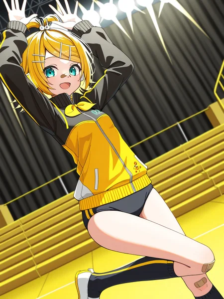 1girl,solo,<lora:StylishEnergyR_illustrious_V1.0:1>,stylishenergyr,kagamine rin,blonde hair,short hair,ahoge,aqua eyes,topknot,hairclip,hair ornament,buruma,black buruma,jacket,track jacket,yellow jacket,black jacket,multicolored jacket,two-tone jacket,double vertical stripe,long sleeves,bandaid,bandaid on nose,bandaid on knee,bass clef,yellow bow,bow,uwabaki,kneehighs,standing,looking at viewer,dutch angle,breasts,small breasts,smile,open mouth,arms up,open hands,leg up,indoors,stage,stage lights,