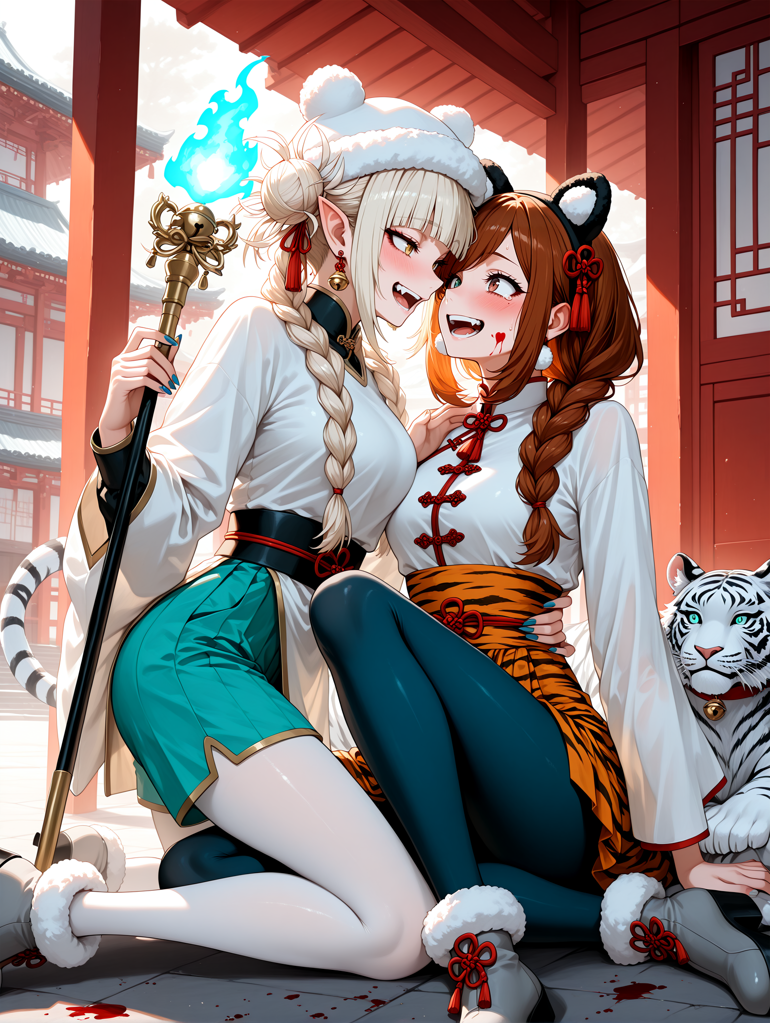 IllustriousQual <lora:cfg_scale_boost:0.3> <lora:StS-Illustrious-Detail-Slider-v1.0:3>,detailed_background,indoors,blonde hair,shirt,chinese clothes,blue pants,wide sleeves,mandarin collar,long sleeves,white hat,blue fire,jingle bell,earrings,highres,collar,teeth,bell,white pantyhose,flower knot,1boy,boku no hero academia,chinese knot,orange hair,toga himiko,nail polish,smile,pom pom \(clothes\),grey footwear,aqua eyes,double bun,platform footwear,pom pom footwear,on ground,ribbon,happy,staff,shakujou,uraraka ochaco,white hair,tachi-e,flipped bangs,shorts,animal print,absurdres,braid,animal ear headwear,yuri,loincloth,outdoors,yellow trim,blood,multicolored hair,see-through pants,bishounen,tears,pleated shorts,blue nails,hair ribbon,open mouth,nishise suname,fur-trimmed headwear,multiple girls,blood on face,orange loincloth,jewelry,sharp fingernails,very long hair,holding,hair bun,fur-trimmed footwear,pointy ears,imminent kiss,brown eyes,animal ear piercing,hair over one eye,see-through clothes,yellow eyes,:d,white shirt,2girls,male focus,pants,fang,hair over shoulder,dyn4bun,tassel earrings,tiger,furisode sleeves,fingernails,side part,red ribbon,bell earrings,fake animal ears,white tiger print,pantyhose,aqua shorts