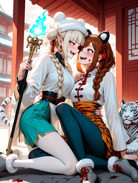 IllustriousQual <lora:cfg_scale_boost:0.3> <lora:StS-Illustrious-Detail-Slider-v1.0:3>,detailed_background,indoors,blonde hair,shirt,chinese clothes,blue pants,wide sleeves,mandarin collar,long sleeves,white hat,blue fire,jingle bell,earrings,highres,collar,teeth,bell,white pantyhose,flower knot,1boy,boku no hero academia,chinese knot,orange hair,toga himiko,nail polish,smile,pom pom \(clothes\),grey footwear,aqua eyes,double bun,platform footwear,pom pom footwear,on ground,ribbon,happy,staff,shakujou,uraraka ochaco,white hair,tachi-e,flipped bangs,shorts,animal print,absurdres,braid,animal ear headwear,yuri,loincloth,outdoors,yellow trim,blood,multicolored hair,see-through pants,bishounen,tears,pleated shorts,blue nails,hair ribbon,open mouth,nishise suname,fur-trimmed headwear,multiple girls,blood on face,orange loincloth,jewelry,sharp fingernails,very long hair,holding,hair bun,fur-trimmed footwear,pointy ears,imminent kiss,brown eyes,animal ear piercing,hair over one eye,see-through clothes,yellow eyes,:d,white shirt,2girls,male focus,pants,fang,hair over shoulder,dyn4bun,tassel earrings,tiger,furisode sleeves,fingernails,side part,red ribbon,bell earrings,fake animal ears,white tiger print,pantyhose,aqua shorts