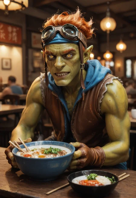 <lora:batrider_v3:0.8> batrider_v3
1boy, yellow skin, green skin, green legs, green face,
pointy ears,
colored skin,
teeth, sharp teeth,
orange hair,
yellow eye, scar on eye,
gloves, goggles, goggles on head,, brown long shorts, score_9, score_8_up, score_7_up, score_6_up, derpibooru_p_95,
detailed eyes, beautiful, detailed background, perfect eyes,
blur censor, blurry, blurry background, blurry foreground, bokeh, motion blur,
chromatic aberration, depth of field, figure, focused, focus
photography, realistic sun light and shadows, photorealism, UHD --ar 9:16 --style raw --stylize 700,
solo,
sitting, behind a table, inside restaurant, bowl of ramen, steam, chopsticks, leans against