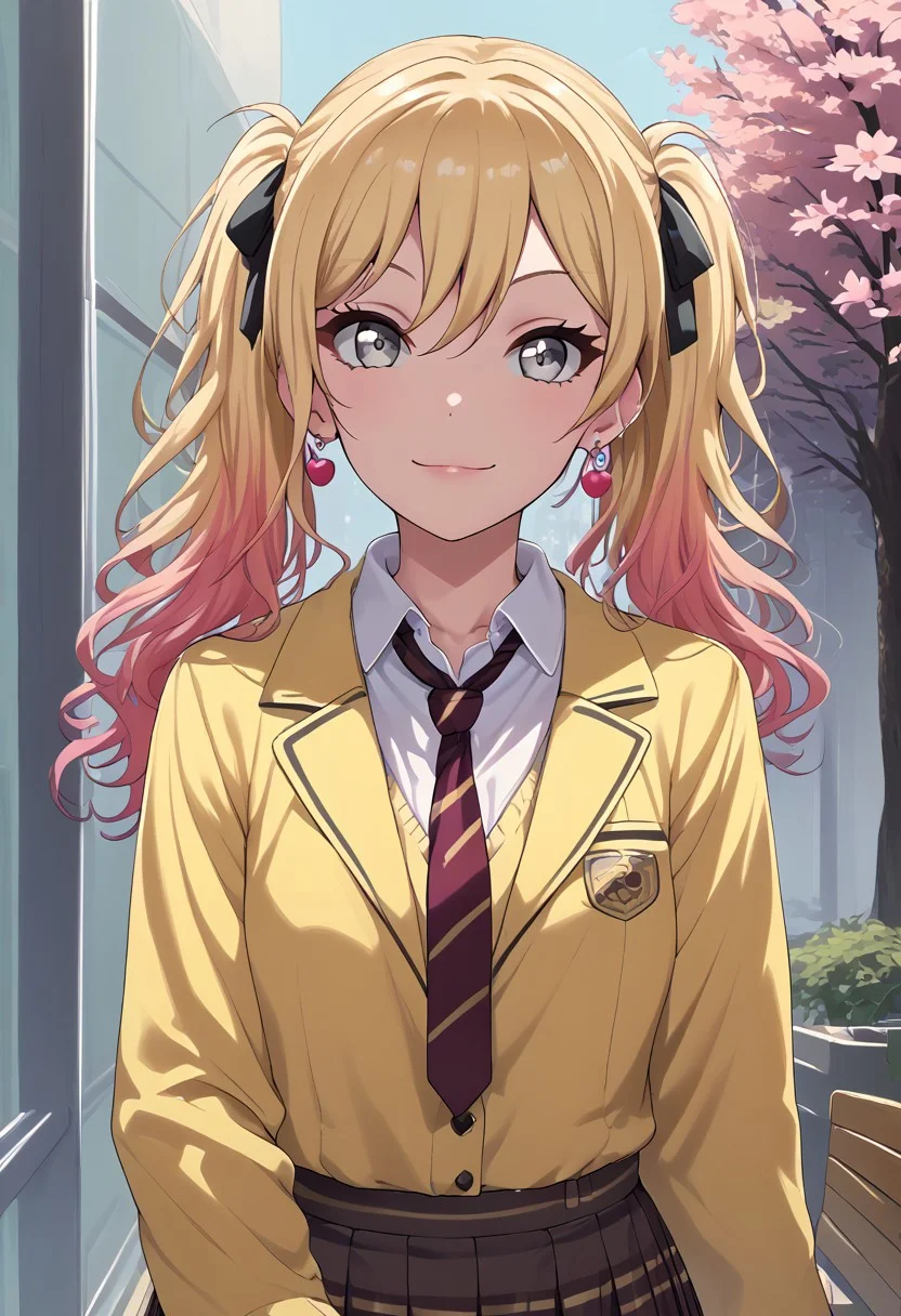 score_9_up, score_8_up, score_7_up,score_6_up, score_5_up, score_4_up , 1girl, solo, twoheads, 2heads, conjoined, ((2 different hairstyles, twintail, ponytail)), ((SPLIT-COLOR HAIR)), ((blonde hair)), ((brown hair)), lisaimai, long hair, ponytail, grey eyes, earrings, school uniform, striped necktie, brown necktie, collared shirt, grey jacket, long sleeves, plaid skirt, pleated skirt,short skirt, brown skirt, saki, blonde hair, long hair, pink hair, gradient hair, red eyes, 1girl, solo, bangs, hair between eyes, collarbone, collared shirt, yellow jacket, red necktie, loose nectie, white shirt, striped necktie, black thighhighs, black skirt, miniskirt, layered skirt, black ribbon, zettai ryouiki, saki_unit, flirting, cowboy shot, cherry blossom background
