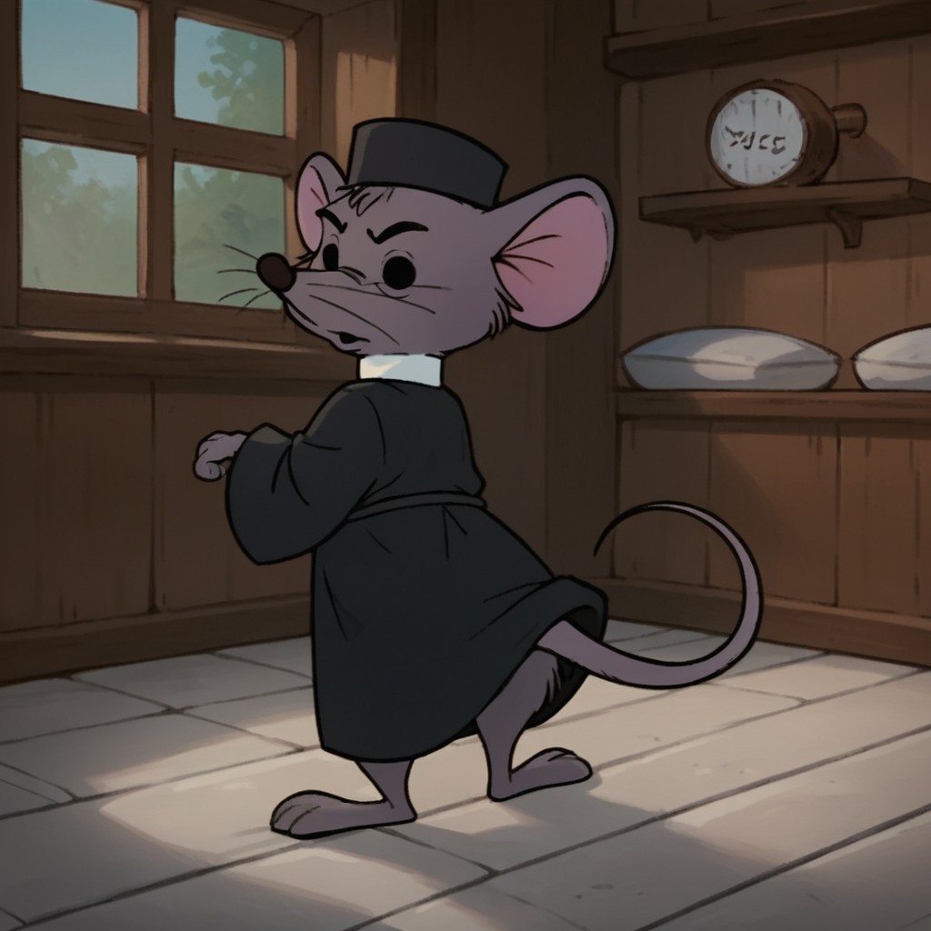 score_9, score_8_up, score_7_up, score_6_up, score_5_up, score_4_up, source_furry, sextonRH, semi-anthro, male, mouse, grey fur, black robe, white collar, black hat, from behind,  inside, black eyes, <lora:71ae0323-8da6-41d1-b136-3bc6526746ad:0.7>