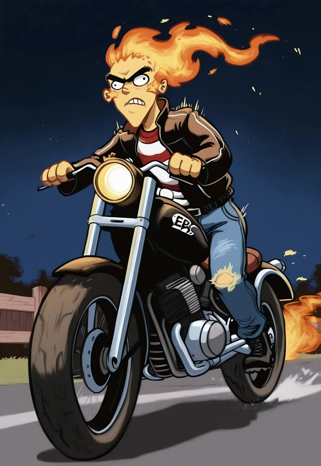 Masterpiece, best quality, absurdres, high detail, solo, edboi, mnbrow, flaming head, black leather jacket, combat boots, unibrow, ripped jeans, detailed background, riding a motorcycle, speeding, motion lines, serious expression, Harley Davidson, detailed motorcycle, burning tires, night, moonlight, detailed background, TWDDDBike