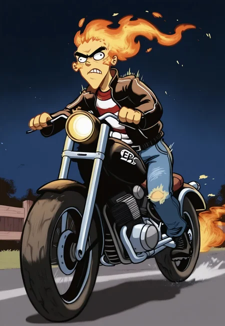 Masterpiece, best quality, absurdres, high detail, solo, edboi, mnbrow, flaming head, black leather jacket, combat boots, unibrow, ripped jeans, detailed background, riding a motorcycle, speeding, motion lines, serious expression, Harley Davidson, detailed motorcycle, burning tires, night, moonlight, detailed background, TWDDDBike